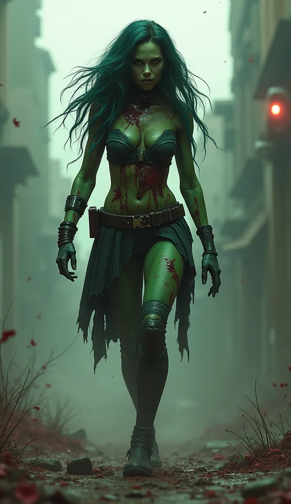 Gamora from Marvel being a Zombie with her costume all dirty and worn out walking toward the camera