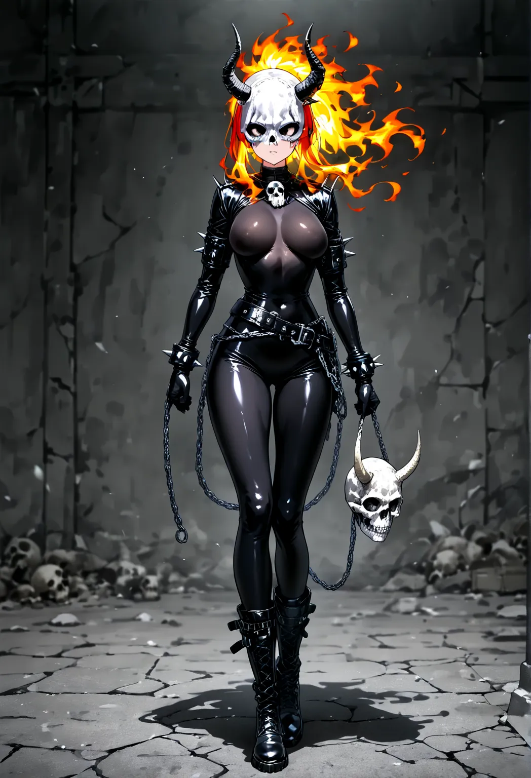 score_9, score_8_up, score_7_up, rating_safe, anime style, 1girl, full body, solo. Young beautiful face, fit body, ((flaming hair)), (Big breast), (round breasts:1.5), black jacket with spikes, ((black bodysuit)) cover all body, high boots, black leather g...