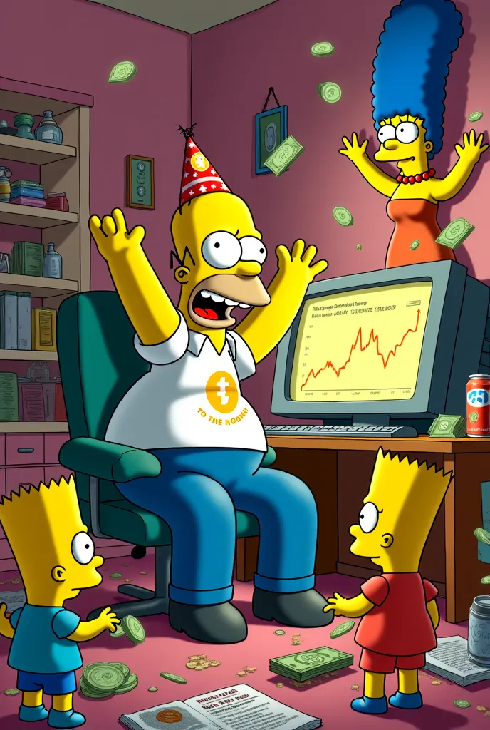 Vibrant vertical scene (9:16) in The Simpsons cartoon style. Homer Simpson sits at his cluttered desk in the living room, wearing a 'π Millionaire' t-shirt and a party hat. His old computer screen shows a glowing Pi Coin (π symbol) chart skyrocketing throu...