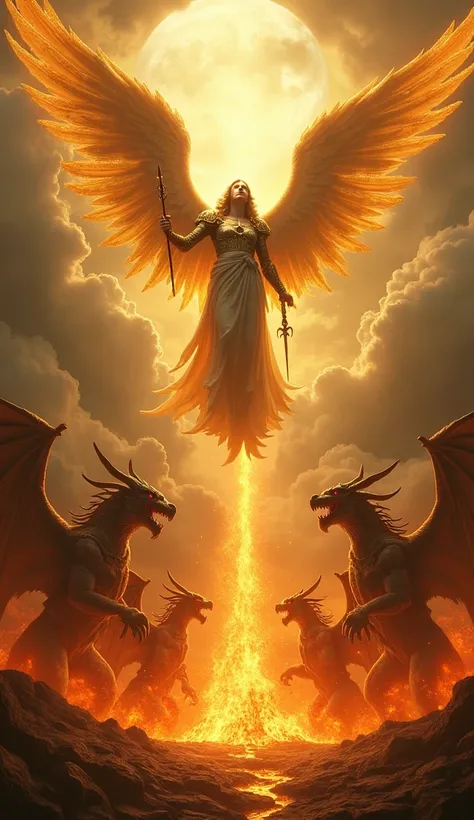 The scene portrays a moment of triumph Absolute of good over evil.  in the center, a powerful and resplendent angel hangs over the cracked and burning ground. Its gigantic and luminous wings shine with intense gold, reflecting divine justice. He wears heav...