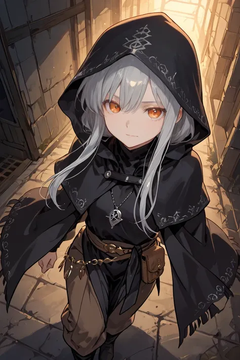 A cel-shaded anime-style character concept of a mysterious female traveler. She has long, flowing black or silver-gray hair and deep amber-colored eyes that appear both warm and distant. She wears practical yet slightly exotic traveling clothes, including ...