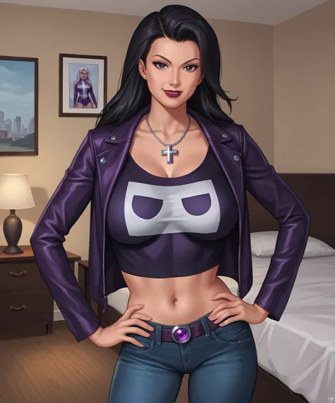 safe_pos, PonyXLV6_Scores BREAK (((retro artstyle, parody, animification)), perfect anatomy, cowboy shot) helena bertinelli, long hair, black hair, black eyes, dark red lipstick, ((looking at viewer)), amethyst jeans, amethyst leather jacket, amethyst crop...