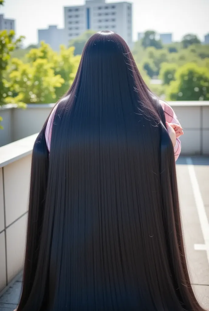 rear view,　   fat mature ,　 A mature woman's ridiculously long black hair shines in the sunlight,　rear viewが髪しか見えない,   Lunchtime School Rooftop 