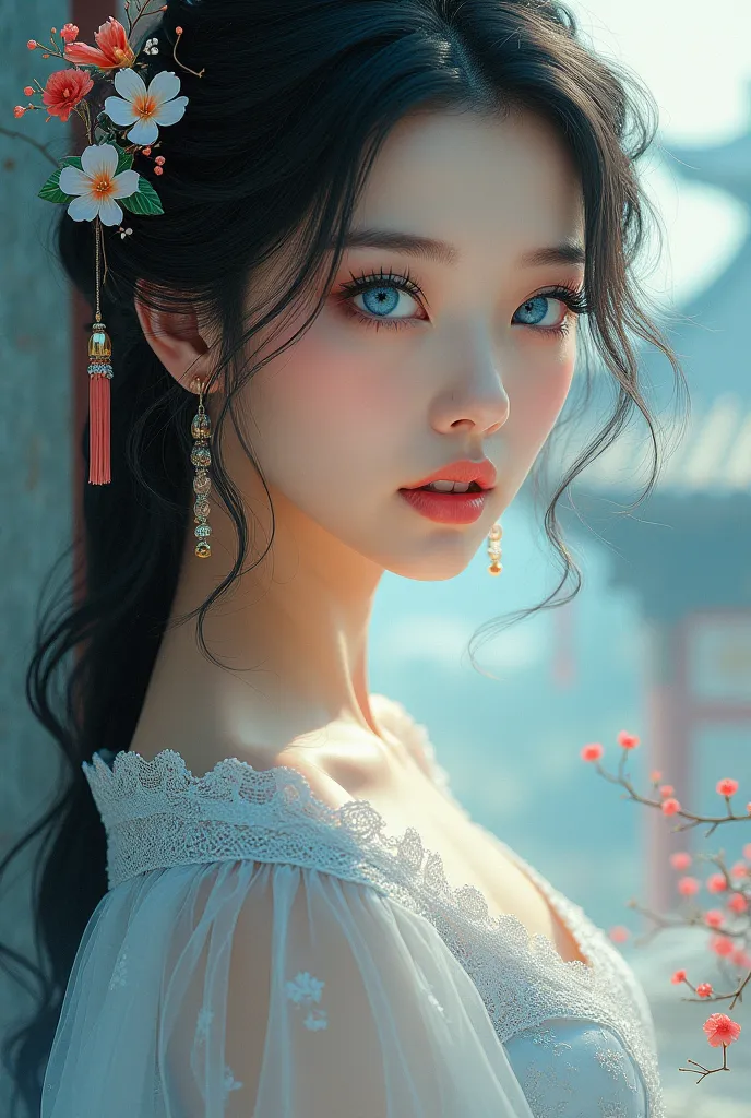 Blue-eyed woman with European ethnic traits,Chinese 