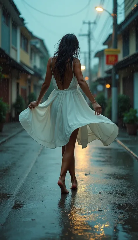 A beautiful woman dancing in the rain on an empty street, wearing a white dress and barefoot, with wet hair. This photo-realistic, hyper-realistic image is an award-winning photograph with a full-body shot from a low angle, creating a cinematic effect. The...