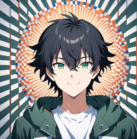 a man in a jacket standing in front of a sky, shirt, black hair, hair between eyes, closed mouth, green eyes, white shirt, upper body, green jacket, Solo, smile, OP Art, anime style, accurate, anatomically correct, high resolution, super detailed