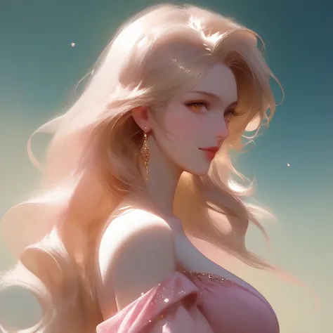 A 22-year-old woman Skin as white as ivory, long gold hair, brown eyes, old rose lips, wearing a pink dress