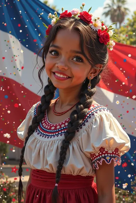 Dominican independence designs with the colors red, blue and white containing a tambora, a girl in typical costume, the girl with a typical plate of food in her hand.