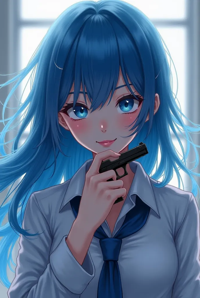 The long-haired character, a beautiful anime girl dyed in a blue secret, smiles and points at a pistol.