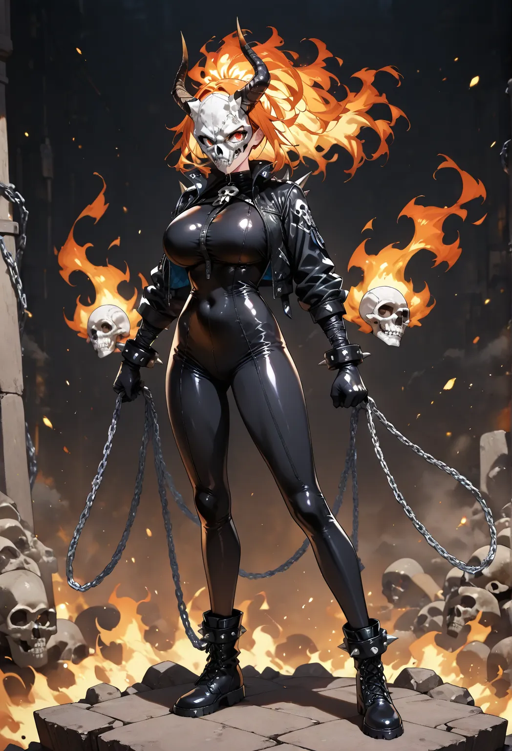 score_9, score_8_up, score_7_up, rating_safe, anime style, 1girl, full body, solo. Young beautiful face, fit body, ((long flaming hair)), (Big breast), black jacket with spikes, ((black bodysuit)) cover all body, high boots, black leather glove, chain wrap...