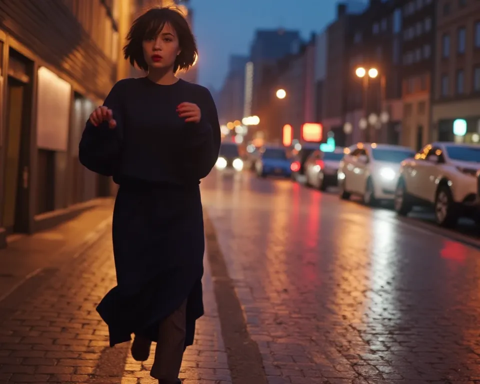  1 girl, solo
 BREAK
風, fluttering long dress after the rain,  night city, Street lamp light, Cobblestones, heel, Walk briskly, Hair blowing in the wind, stylish, Reflections after the rain