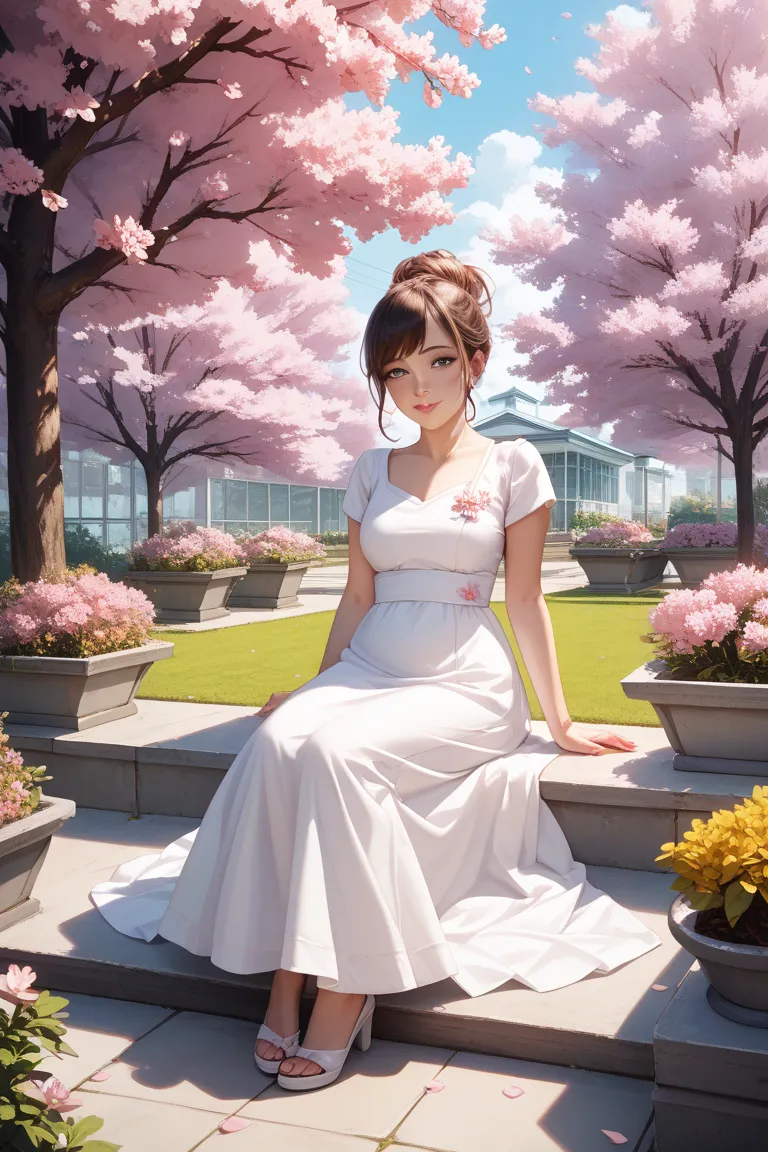 Girl in patient clothes under cherry blossoms 