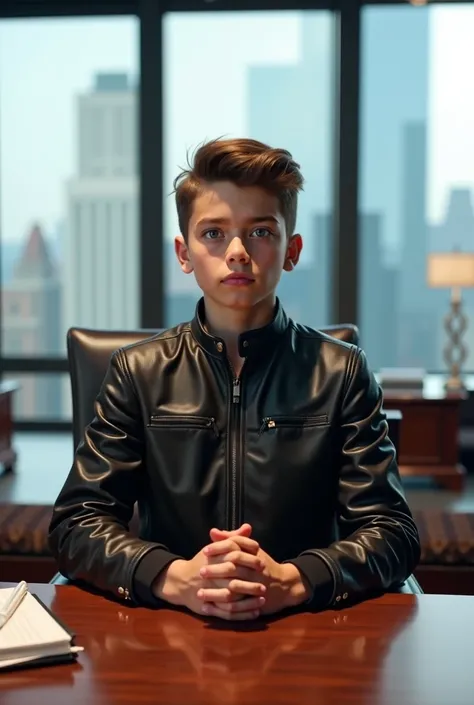 A fourteen-year-old boy wearing a black leather jacket and fashioned his hair is giving a speech in a luxury office chair with an office desk in front of him.