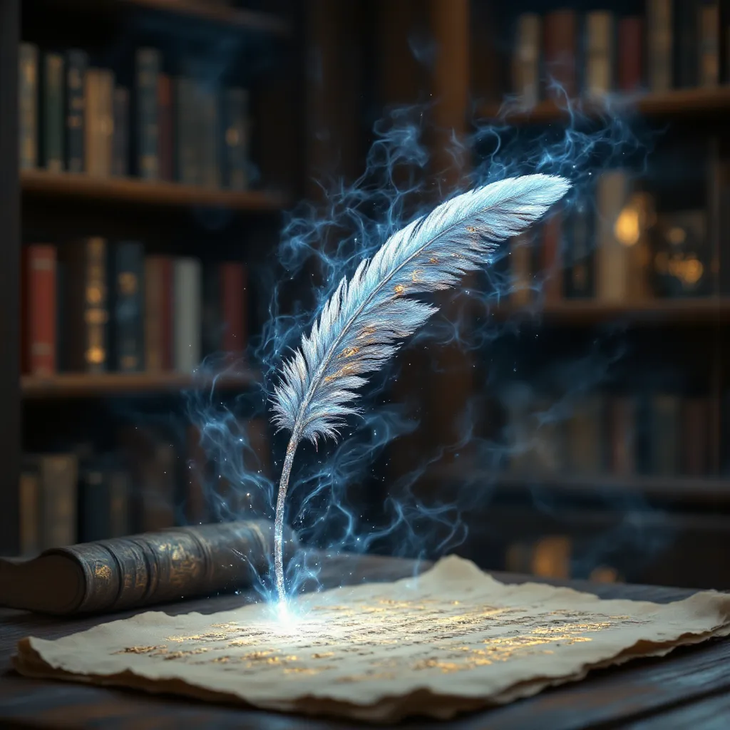 A hyper-realistic close-up of an enchanted quill, its feather shimmering with a soft, pearlescent glow in shades of blue and silver. The quillâs tip is made of fine crystal, sparkling as it hovers just above a parchment covered in glowing, golden runes. ...