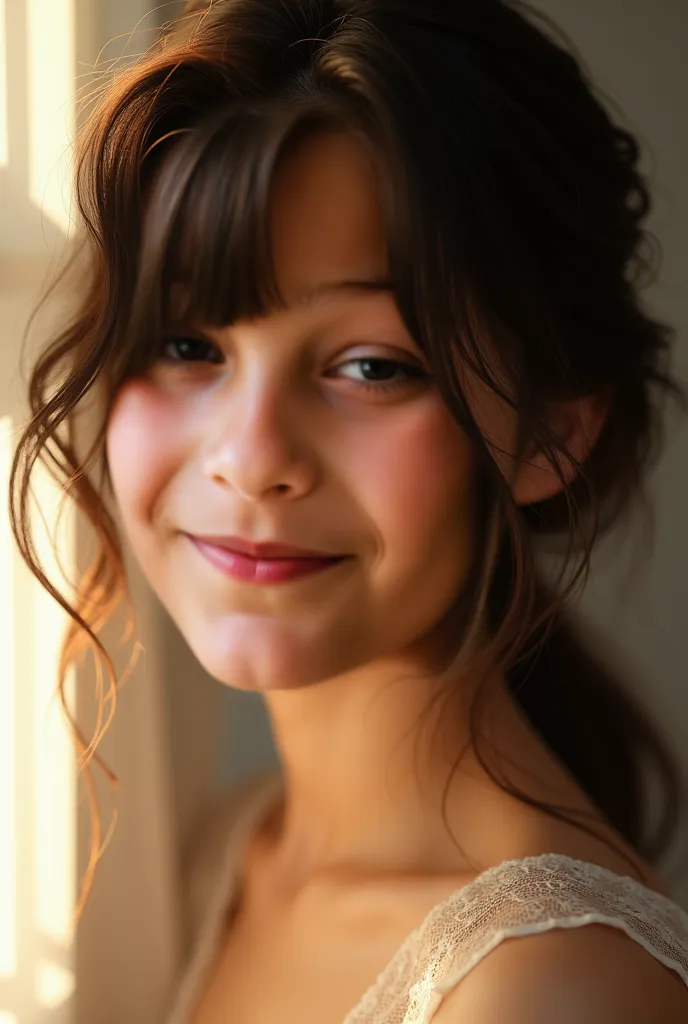 head and shoulders portrait of woman smiling at the camera, side lighting