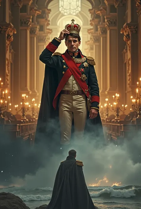 "A dramatic and cinematic scene depicting Napoleon Bonaparte in his moment of triumph and downfall. In the first half, he stands tall in his imperial uniform, placing the crown on his own head inside the grand Notre-Dame Cathedral, bathed in golden candlel...