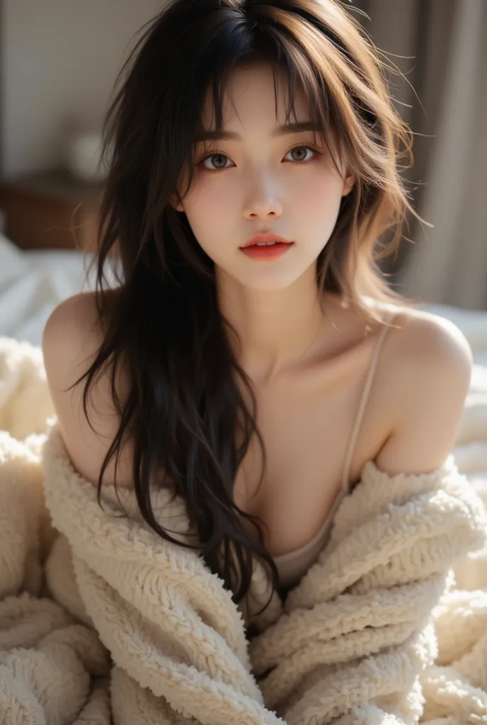 “A highly detailed, ultra-realistic portrait of a stunning young East Asian woman in her early 20s. She has long, silky black hair styled into a loose, elegant ponytail with soft beige highlights. Her deep brown eyes and flawless, porcelain skin radiate a ...