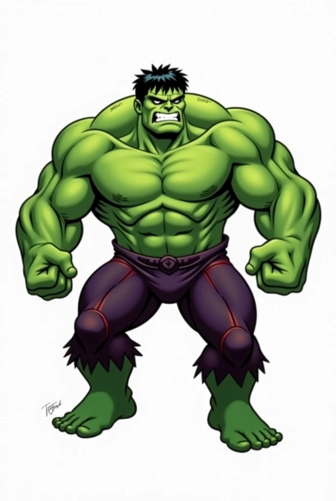 A cartoon depiction of the Hulk.  The Hulk, a large, muscular, humanoid figure, is colored vibrant green.  He has dark, short hair and a determined, angry expression.  His facial features are exaggerated, with prominent brows and a strong jawline.  He is i...