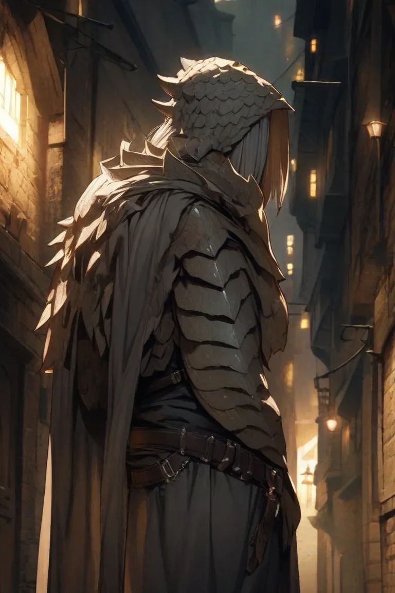 A man in scaly armor, a cape covering his head, a sword on his belt, and a two-handed weapon on his back. He stands in an alley of a medieval city at night, only the moon illuminates him. secrecy, modesty.