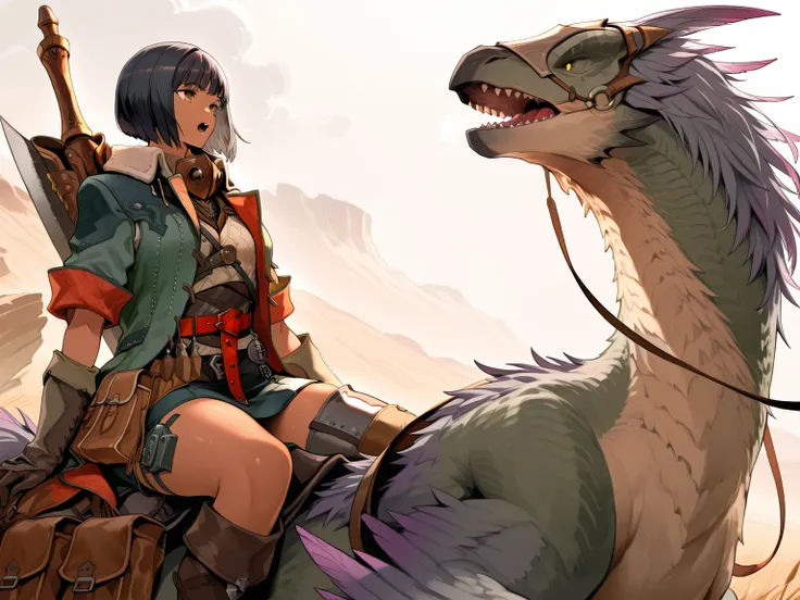 I'm away 、Woman of Hope Armor,1 girl,Secret gray hair short bob, dark-skinned woman,open your mouth, facing sideways ,is sitting,horse riding,  black hair, giant sword, short hair,teeth, red scarf,[Ferrine ,Ushanka ,Yellow Jumpsuit,Weapon on back,green jac...