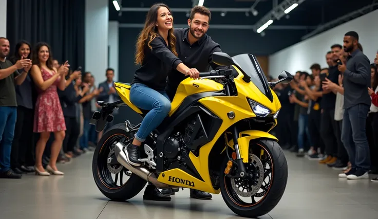 A captivating photo of the 2025 HONDA CBR650R Street Glide unveiling in a sleek, modern showroom. The motorcycle, painted in a striking yellow, boasts a streamlined design, Two enthusiastic individuals work together to unveil the bike, their expressions br...