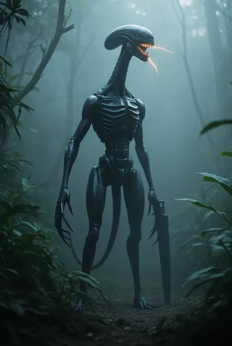 A terrifying Xenomorph with distinct giraffe-like features. It stands tall at nearly 6 meters, with an elongated neck resembling that of a giraffe but covered in sleek, black exoskeleton armor. Its head is elongated and smooth, with biomechanical ridges ru...