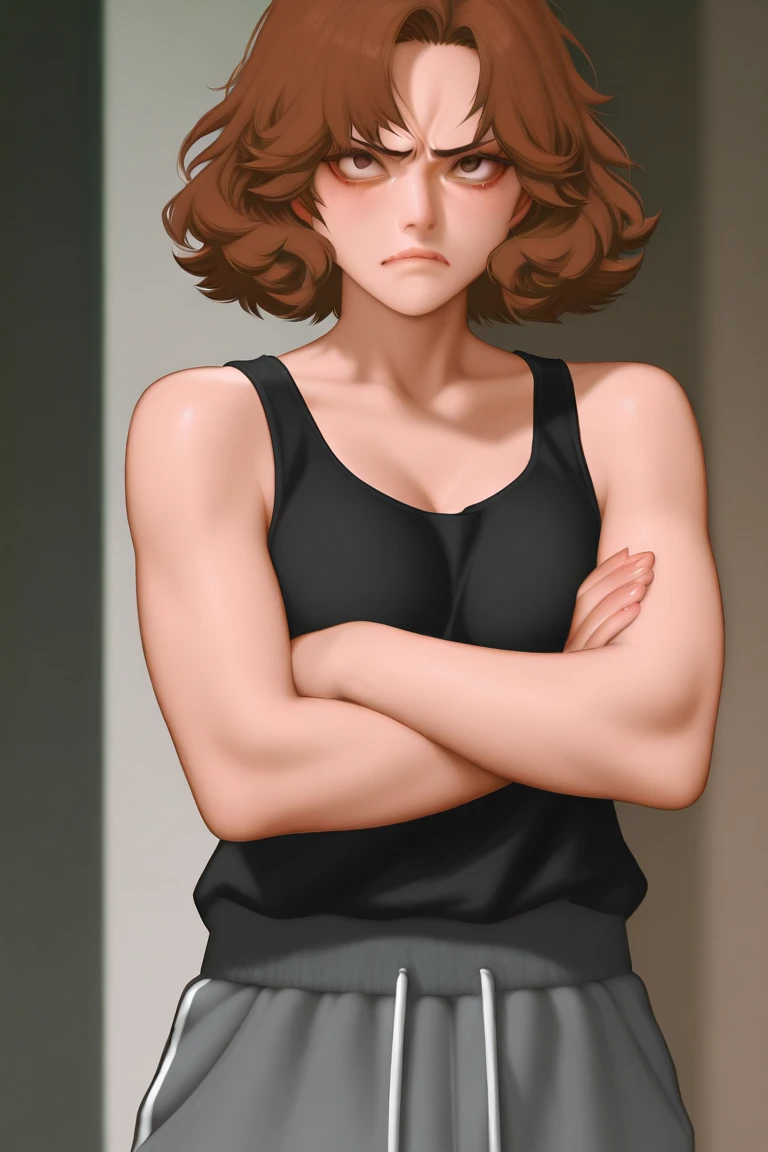 Create an image of a middle age woman, with long chestnut brown fluffy hair, fair skin, almond shaped eyes, reddish-brown eye color. Annoyed expression, tired eyes. Wearing black tank top, wearing grey sweatpants. Arms crossed, mood: angry, background: pla...