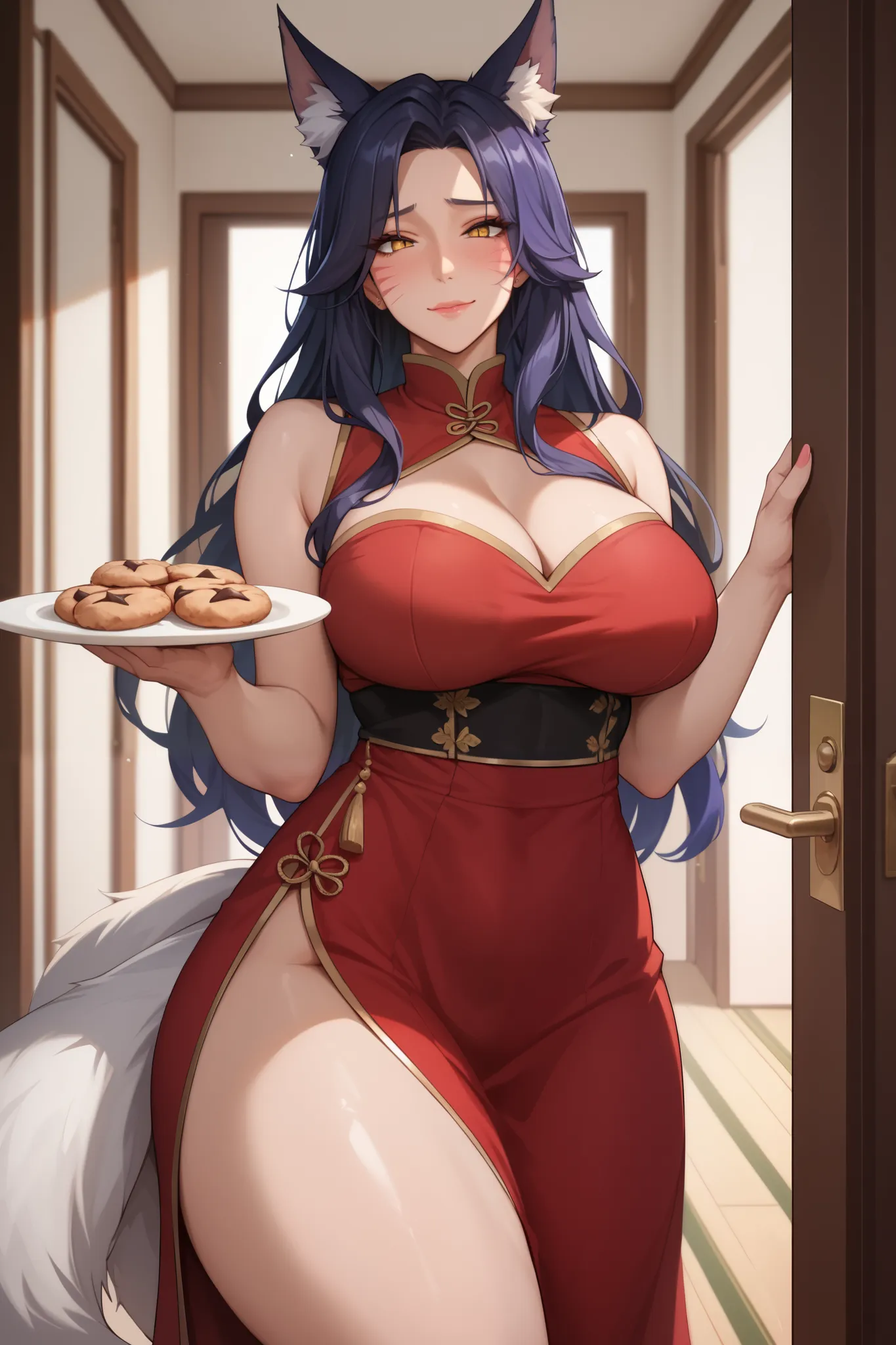 Score_9, Score_8_up, Score_7_up, Score_6_up, Score_5_up, Score_4_up, Tag1, Tag2, Quality_masterpiece, nsfw, wear only sexy red dress, casual dress, Ahri alike, Anatomically correct, Beautiful face, Perfect face, standing in hallway door entrance, opened do...