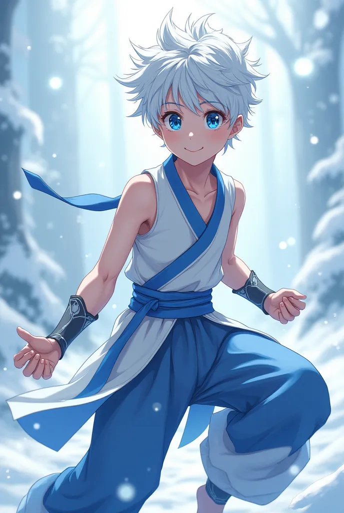 Make an anime-style adolescent male character for me with a design similar to Jack Frost's white hair and blue eyes with kung fu outfits with blue and white colors and has a friendly face