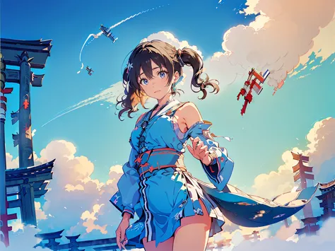 (flying, in the sky, flying with a cloud, cowboy shot:1.5), break ,(medium breasts:1.3), Sunazuka Akira, (short hair, twintails:1.5), (skinny legs:1.0), break,(in the sky:1.5), (shrine maiden:1.5)