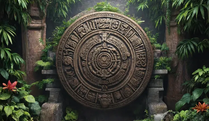 Make me an Aztec round stone like the image given in the middle of vegetation