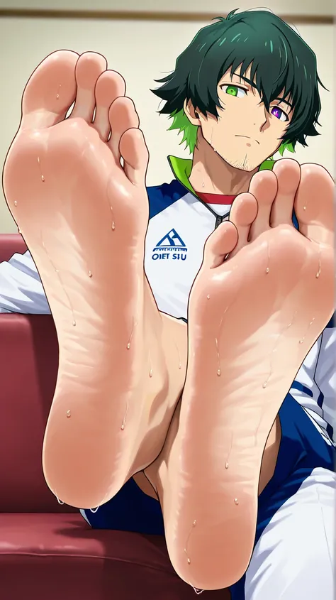 score_9, score_8_up, score_7_up, source_anime, looking at viewer, , depth of field, bare feet focus, oliver aiku, 1boy, solo, black hair, green hair, heterochromia, purple eyes, green eyes, facial hair, stubble,  white sportswear, character is displaying h...