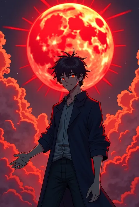 MANGA, A BLACK-HAIRED MAN WITH ORANGE EYES STANDING, SMILING AND SHAKING ONE HAND. BEHIND IT IS A RED MOON.