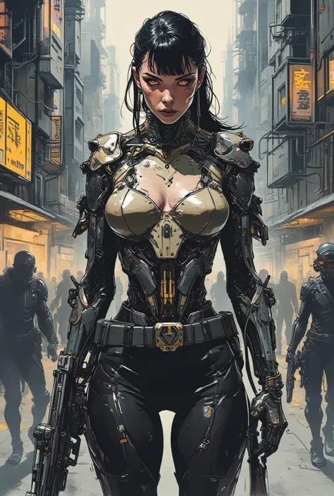              a sexy cyborg woman             . cyberpunk. Cybernetic components. Cyberpunk clothing  . Queue de cheval et frange. huge drooping chest. A very wide neckline. ville dystopique. She is armed with a sniper rifle. She is wearing sexy cybernetic ...