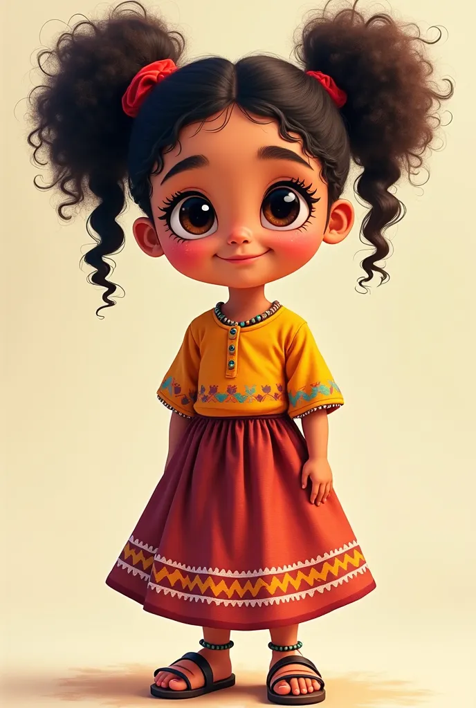 A  Latin American indigenous girl with curly hair tied in two pigtails, big expressive eyes full of curiosity. Wearing colorful clothes with patterns inspired by traditional Latin American textiles. she is using a long skirt and "huaraches" She has a round...