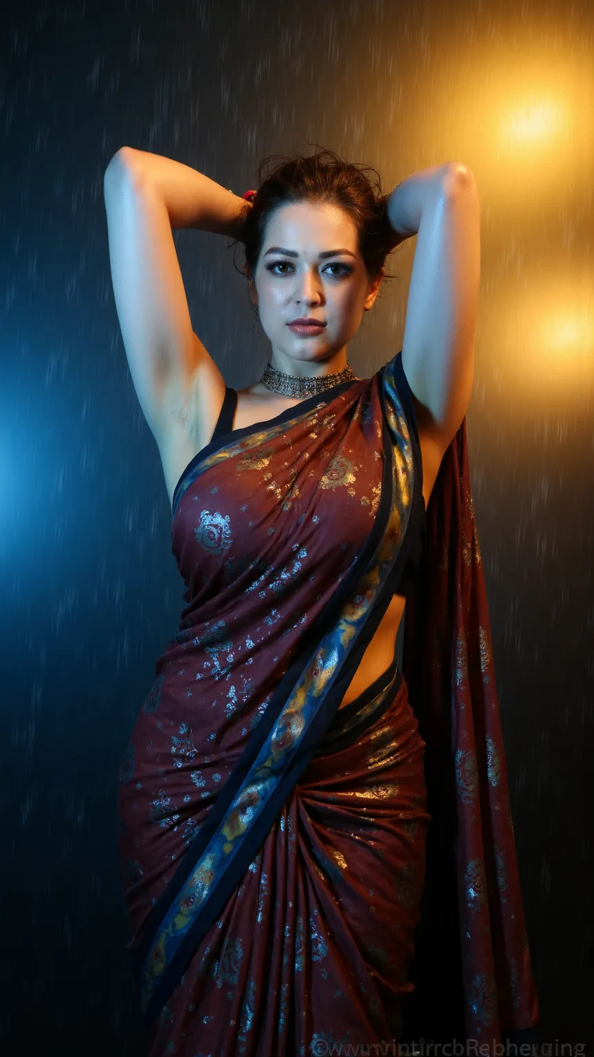 (2D digital painting, semi-realistic, dramatic lighting) A woman stands in the rain with both arms raised, her wet saree clinging tightly, emphasizing her curves. She tosses her hair back, droplets scattering through the air, her lips slightly parted as sh...