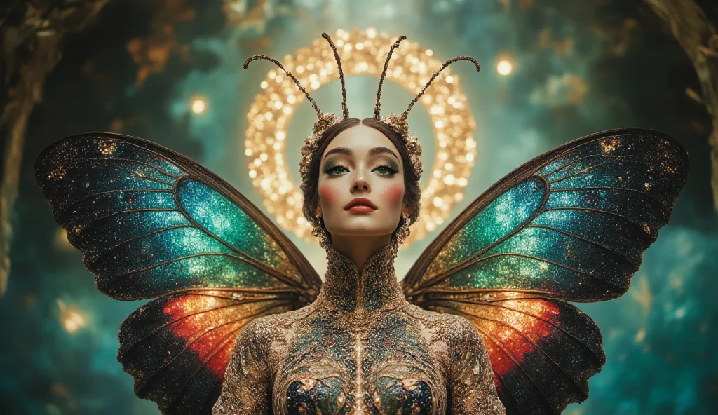 A regal and surreal butterfly queen standing in a dreamlike ethereal world. Her face is a fusion of human and insect, adorned with massive iridescent wings replacing her hair, glowing in hues of electric blue, fiery red, and deep gold. Her piercing green, ...