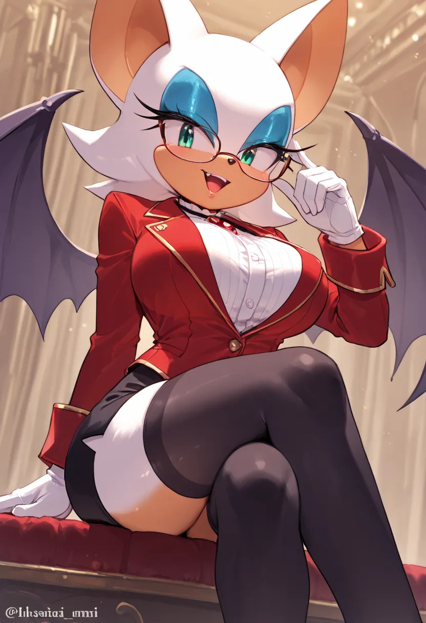 an adult dressed up like a cartoon character holding something up to his ear, 1girl, breasts, solo, thighhighs, sitting, gloves, glasses, white gloves, skirt, furry, wings, animal ears, bat wings, furry female, crossed legs, large breasts, makeup, long sle...