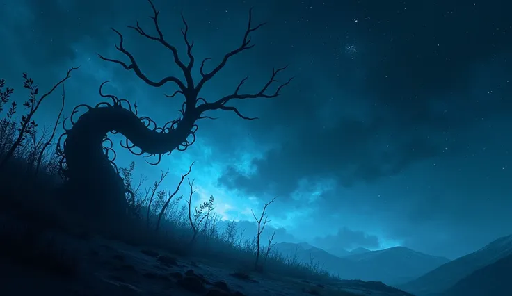 Create a chilling, atmospheric scene set in the vastness of space, using a light blue color palette to evoke the feeling of a cold winter night. The foreground should feature a dark, shadowy silhouette of a massive, vine-like structure resembling a plant, ...