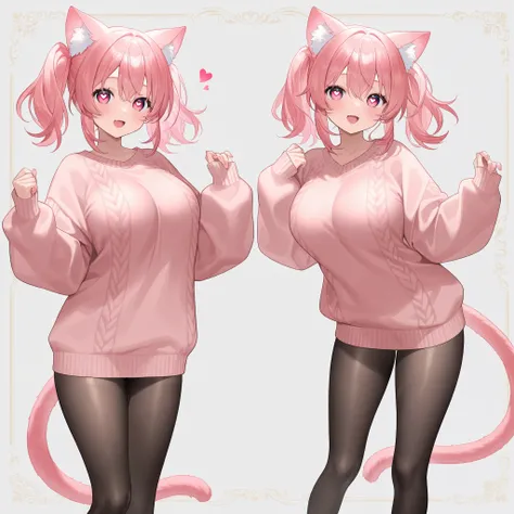 、   best thighs、  beautiful skin、High Resolution、  Sweater clothes 、 pink hair、salmon pink eyes、  black tights、cat tail、Beautiful breasts、E Cup、 Valentine、 Heart Eyes 、 illustrations、Merchandising