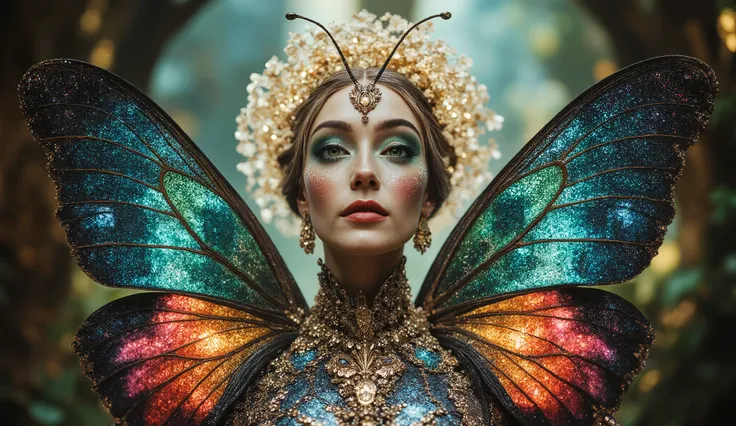 A regal and surreal butterfly queen standing in a dreamlike ethereal world. Her face is a fusion of human and insect, adorned with massive iridescent wings replacing her hair, glowing in hues of electric blue, fiery red, and deep gold. Her piercing green, ...