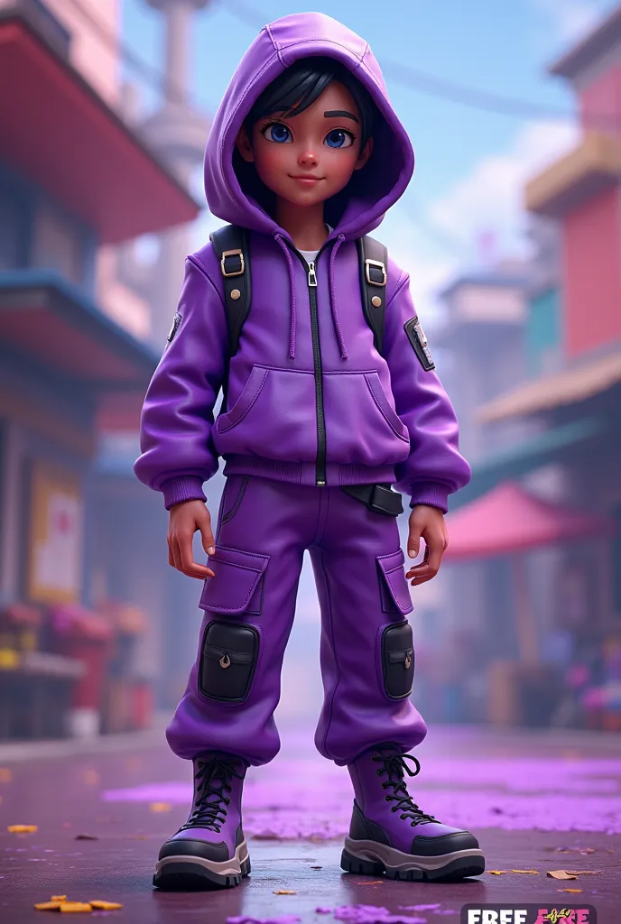 A character from Free Fire wearing beginner's purple clothing and below that has the word, the word,~4,4+4 PLY*