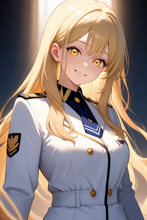 While wearing a military uniform, she looks at me with a playful smile