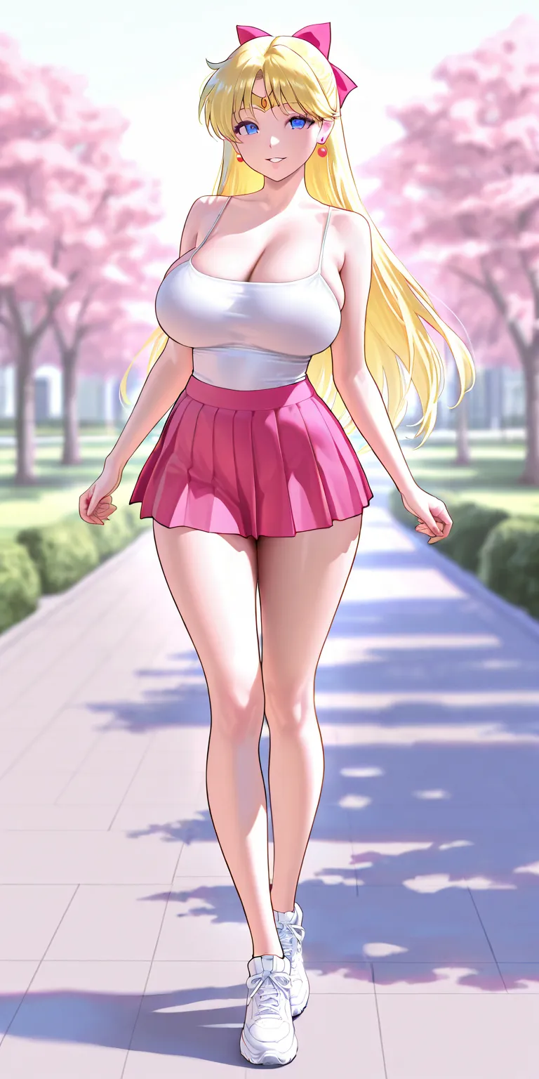 Masterpiece, newest, vibrant, very aesthetic, high contrast, mature woman, minako aino\(sailor venus\), white color spaghetti strap top, pink color pleated mini skirt, white sneakers, big breast, full body, parted lips, smile, park, best quality, semrealis...