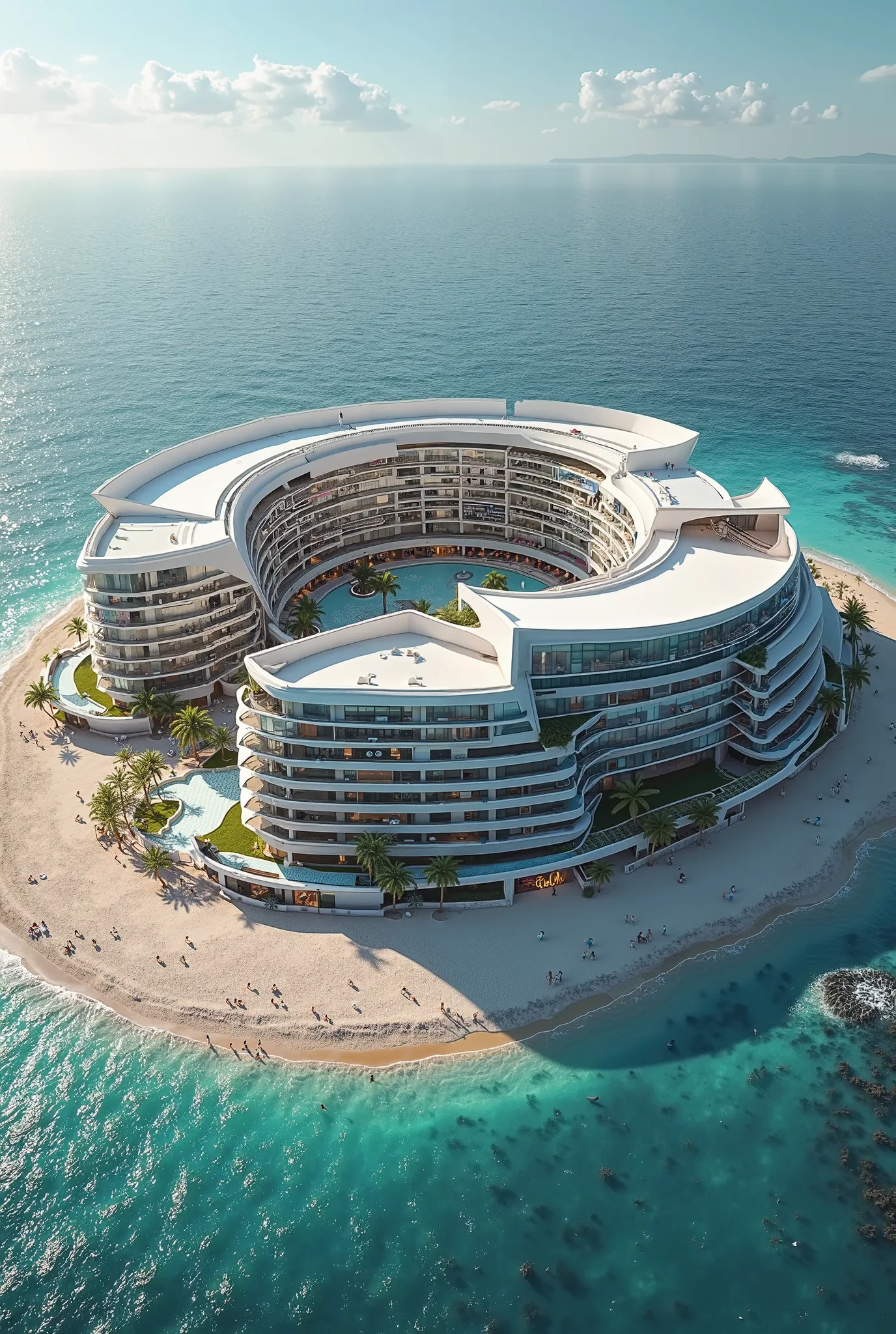 creates a three-module hotel on the beach based on geometric shapes without vegetation, in a circular shape