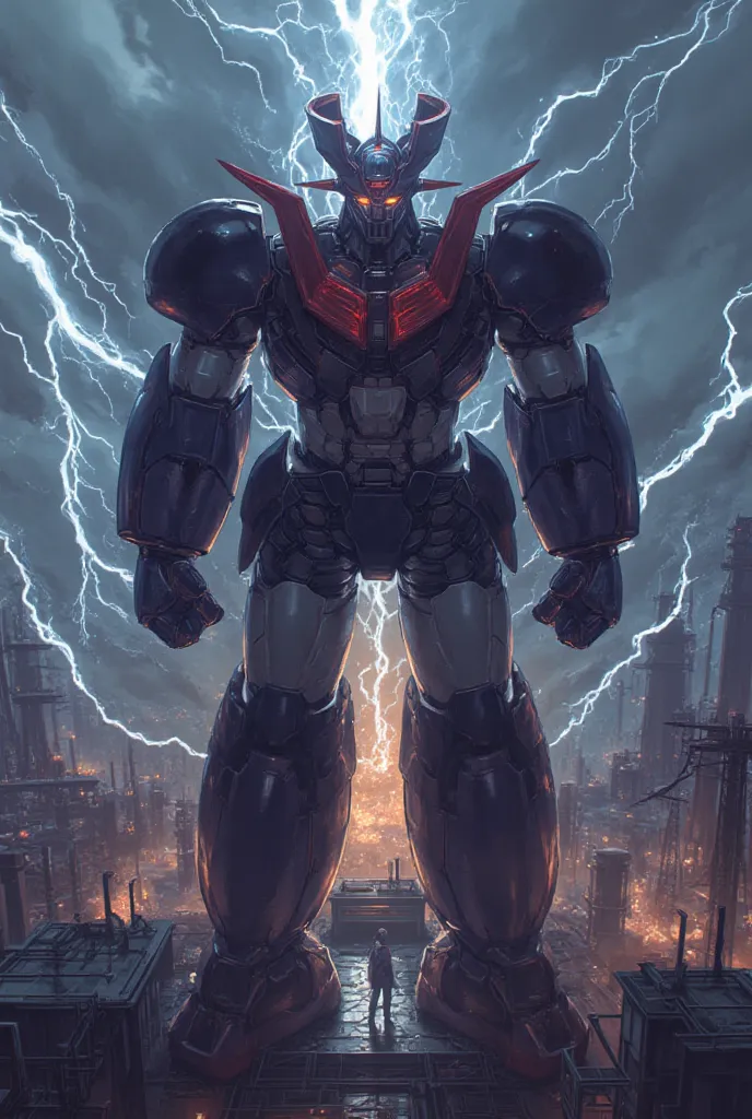  Modified Mazinger Z ,  Mazinger Z is 100 meters tall.  steel ,   Carbon Fiber  ,   Other industrial elements are also visible  ,  Just like the real thing  ,   I'm standing ahead at the height of a high-rise tower where high voltage current flows and emit...