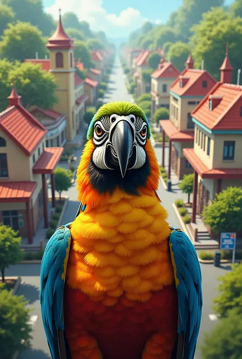 A mesmerizing portrait in the foreground of a beautiful birdGENERATES A TOP VIEW IMAGE OF A SMALL TOWN WITH A SCHOOL,  Supermarket, bank, Park, HOSPITAL AND A BUS STOP 