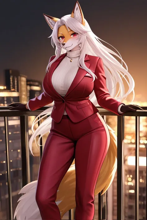 A Tall Voluptuous Orange Furry Fox Woman with long snowy white hair and Dazzling Red eyes, wearing a Elegant Red suit, Standing on a balcony.