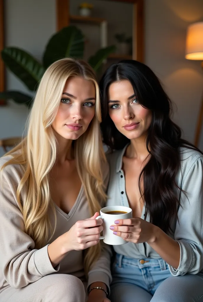 2 Very attractive caucasian females, 1 with very long very straight blonde hair, aged 27 years, the other Kenna James with long black hair, sitting in the apartment from How I Met Your Mother drinking coffee