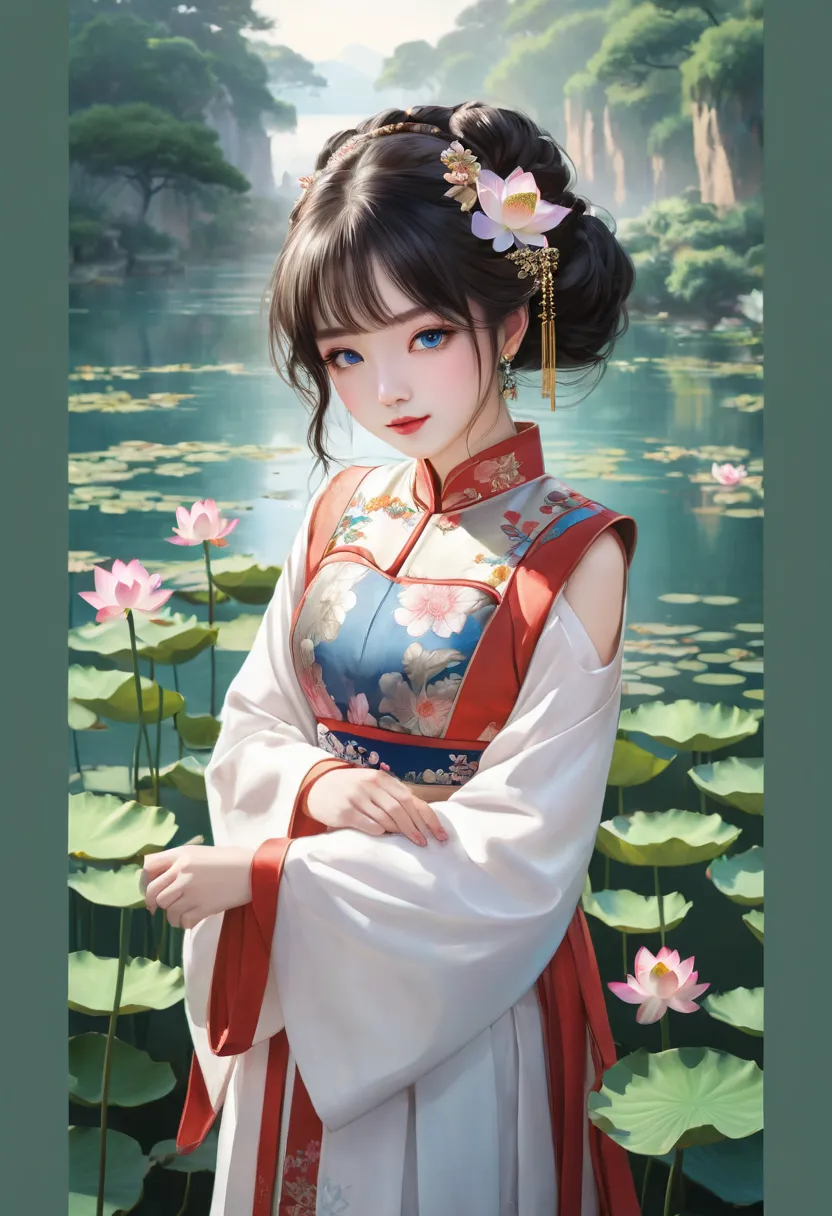  Ultra-realistic photograph,  girl in traditional dress standing in front of a lake, palace ， a girl in hanfu, artwork in the style of guweiz , blue eyes wearing wavy bob hairstyle , guweiz, standing gracefully upon a lotus, wearing ancient Chinese clothes...